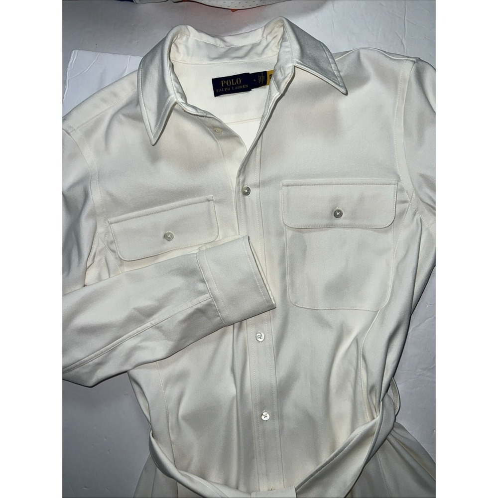 POLO Ralph Lauren Shirt Dress Belted Split Hem Size 4 Pleated Lower Hem Ivory‎ - Picture 3 of 12